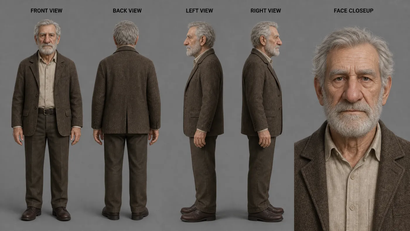 Multi-view reference sheet for the elderly male character