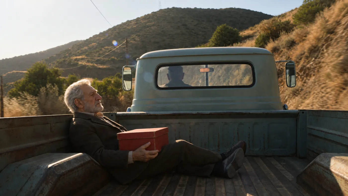 Elderly male character travelling with a red box