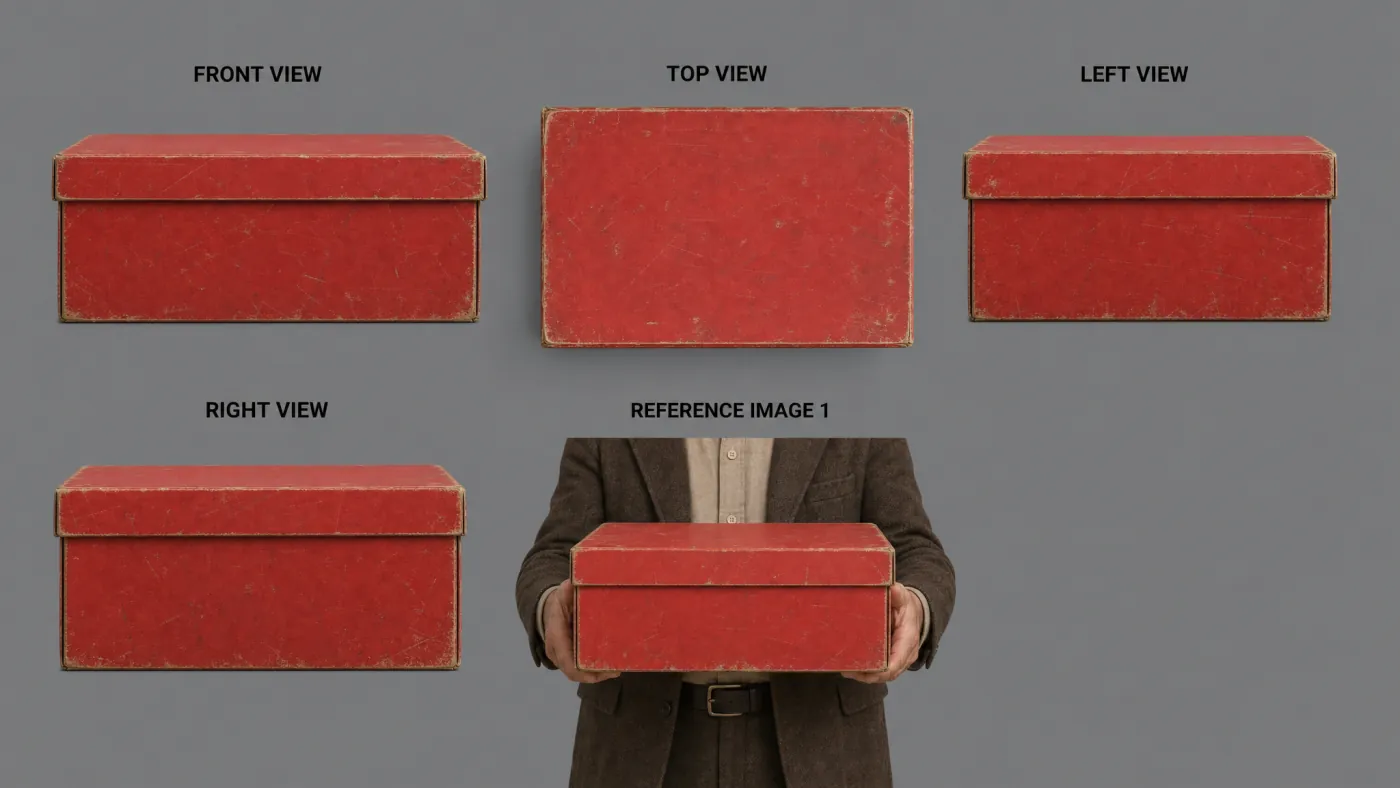 Multi-view reference sheet for the red box prop